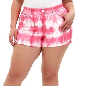 TORRID Mid Rise denim shortie shorts vintage stretch pink tie dye size 14